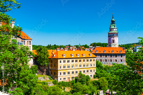 Chesky Krymlov, Czechia - May 4, 2018: View of historic Centre of medieval town Český Krumlov in South Bohemia region of Czech republic , famous for its outstanding architecture. 