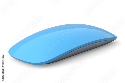 Realistic blue wireless computer mouse with touch isolated on white background.