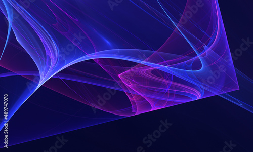 Elegant 3d artwork illustrating dynamic magenta purple membrane, shroud or veil floating in dark space. Neon folds and layers. Great as background, cover, print for electronics, poster, wallpaper.