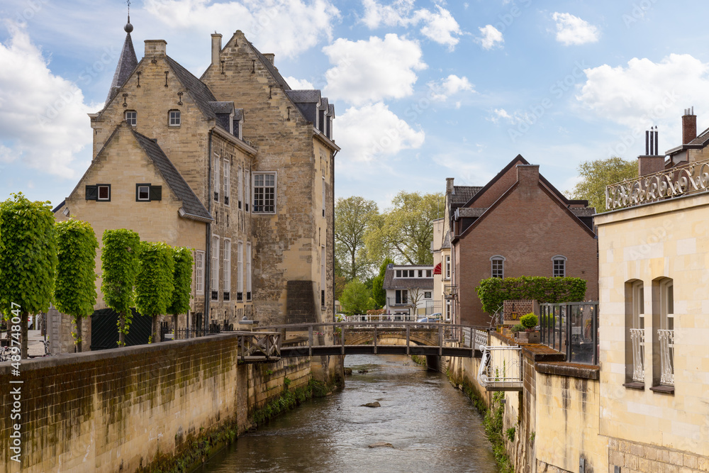 The river Geul flows through the center of the tourist town of Valkenburg in the Netherlands.