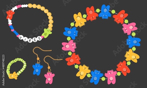 Big set of jewelry vector ornaments, bracelet, necklace, beautiful earrings and rings, women's jewelry set. Beaded jewelry, beads in the form of gummy bears.