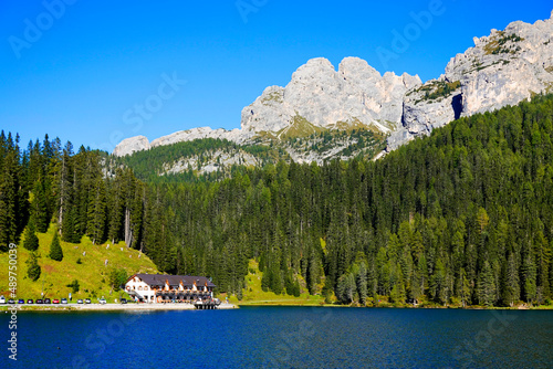 View of famous Tre Cime peaks in Tre Cime di Lavaredo National Park, Dolomiti Alps, South Tyrol, Italy photo