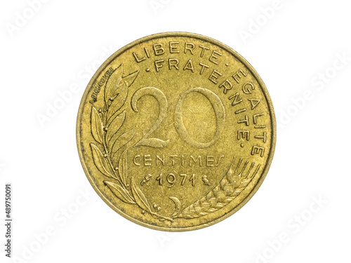 France twenty centimes coin on white isolated background