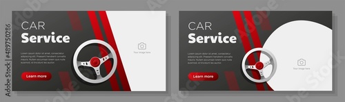 Car service garage online banner template set, vehicle repair service corporate advertisement, horizontal ad, classic steering wheel campaign webpage, flyer, creative brochure, isolated