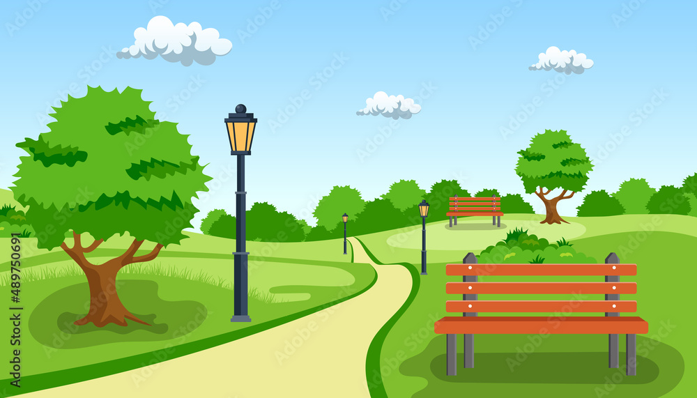 Bench with tree and lantern in the Park. Vector illustration in flat style. Summer city park panorama vector illustration.
