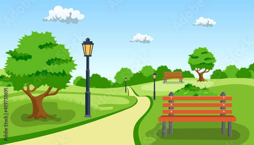 Fototapeta Naklejka Na Ścianę i Meble -  Bench with tree and lantern in the Park. Vector illustration in flat style. Summer city park panorama vector illustration.