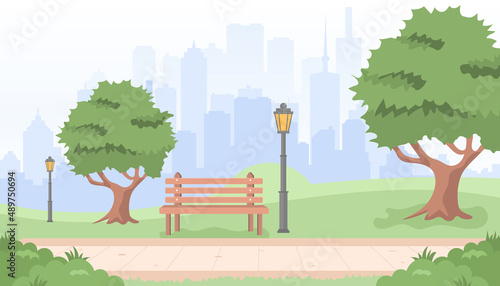 Bench with tree and lantern in the Park. Vector illustration in flat style. Summer city park panorama vector illustration.