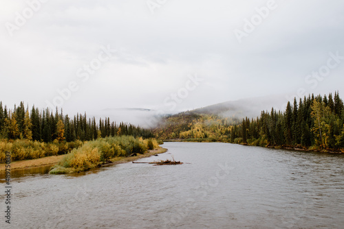 Canada, Yukon, Whitehorse, River and forest on cloudy and foggy day photo