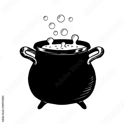 Witch cauldron with bubbling brew. Sketch of witchcraft potion. Isolated vector illustration