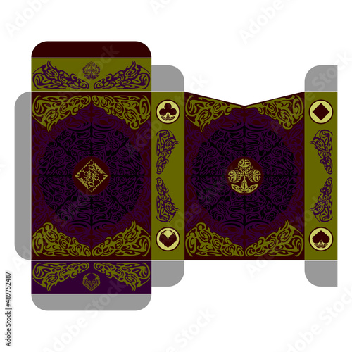Tuck box template for poker size playing cards. Oriental fairy tale style. Vector illustration isolated on white background.