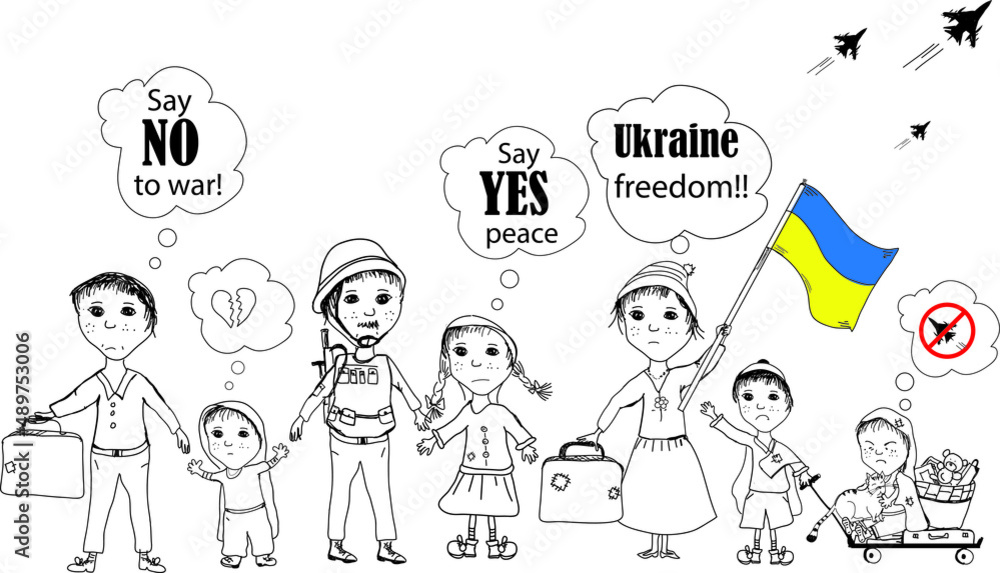 Say no to war! The war in Ukraine. Ukrainian flag. Ukrainian families and children fleeing the war. Vector banner.