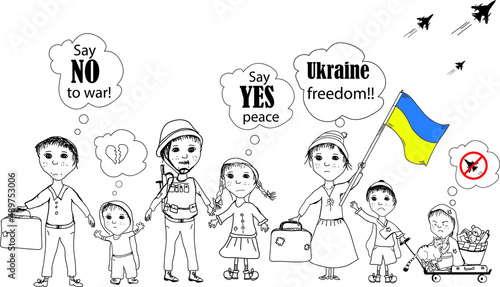 Say no to war! The war in Ukraine. Ukrainian flag. Ukrainian families and children fleeing the war. Vector banner.