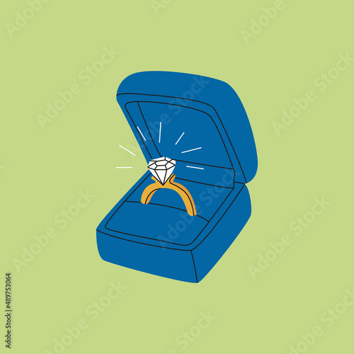 Wedding ring in the blue velvet gift box. Engagement golden ring with large shiny diamond. Love, proposal, wedding, valentine's day concept. Cartoon style. Hand drawn modern flat Vector illustration