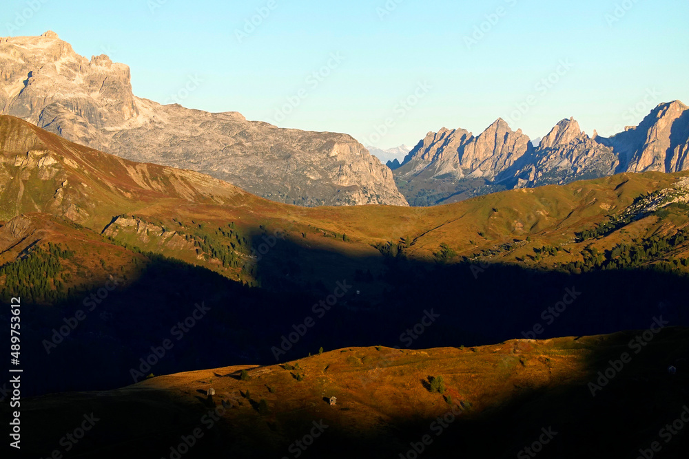 Panoramic view of Sella Group in the Dolomites, Italy, Europe. Italian alpine landscape. Travel icons of Italy.   