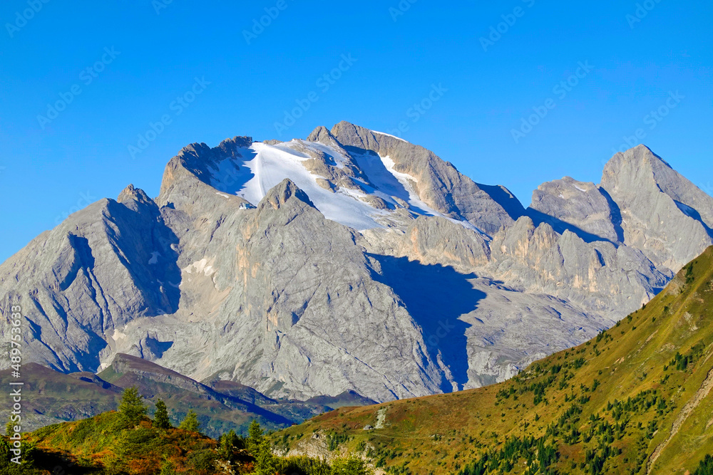 Alpine landscape of Marmolada Peak - 3343meters, the highest mountain in the Dolomites, Italy