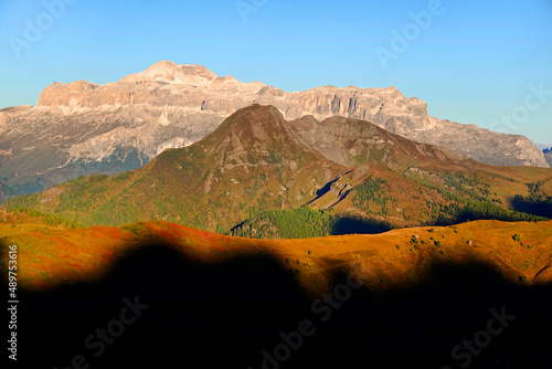 Panoramic view of Sella Group in the Dolomites, Italy, Europe. Italian alpine landscape. Travel icons of Italy. 