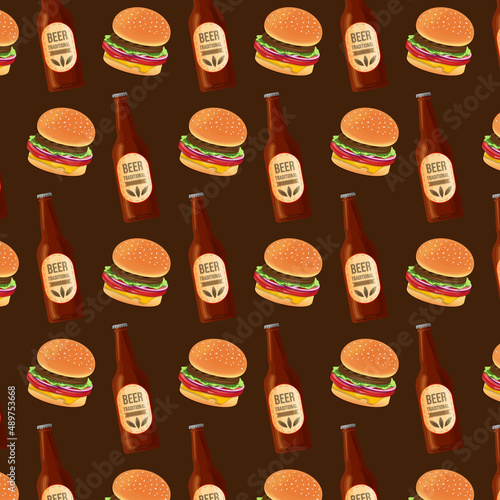 Seamless burger with bottle of beer concept illustration vector template