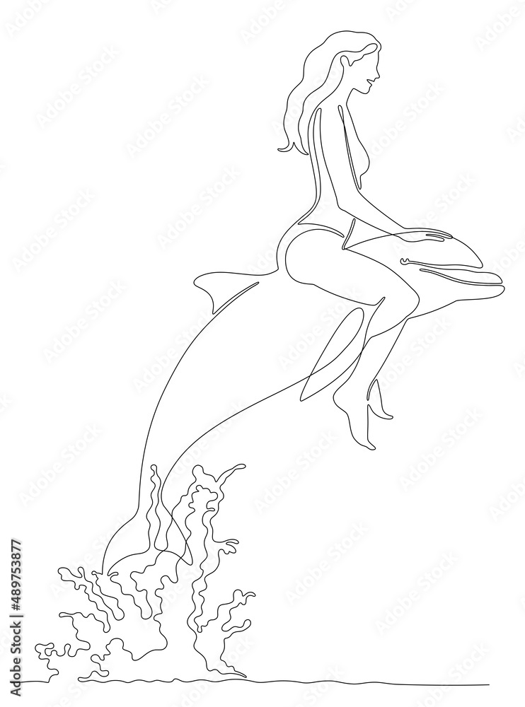 One line drawing of beautiful young woman in swimsuit riding dolphin who jumps out of sea water.