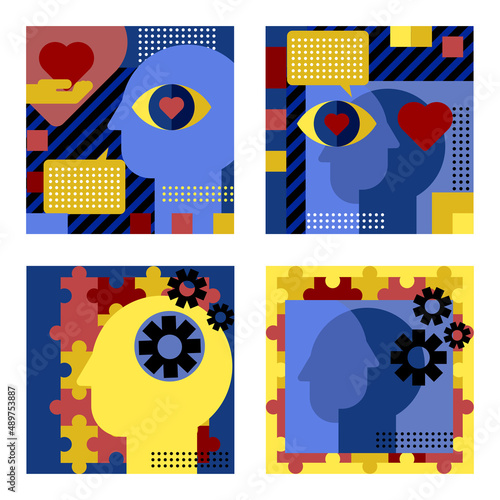 Bauhaus square template. Geometric poster psychotherapy puzzle and heart in modern style. Vector business banner. Education design.