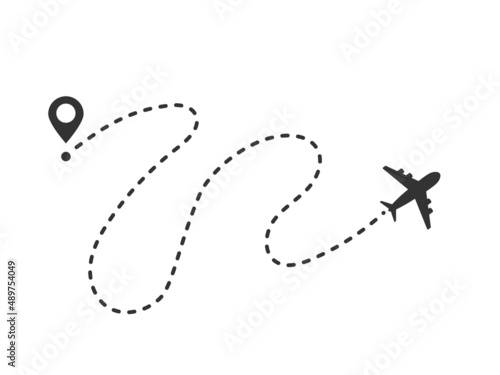 Airplane line path route vector icon. Travel concept with start point and dash line trace