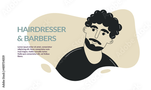 Beard face doodle man avatar with mustache and trendy haircut. Barbershop template, barber flyer or card design. Black and white character flat vector illustration. Fashion bearded man face portrait