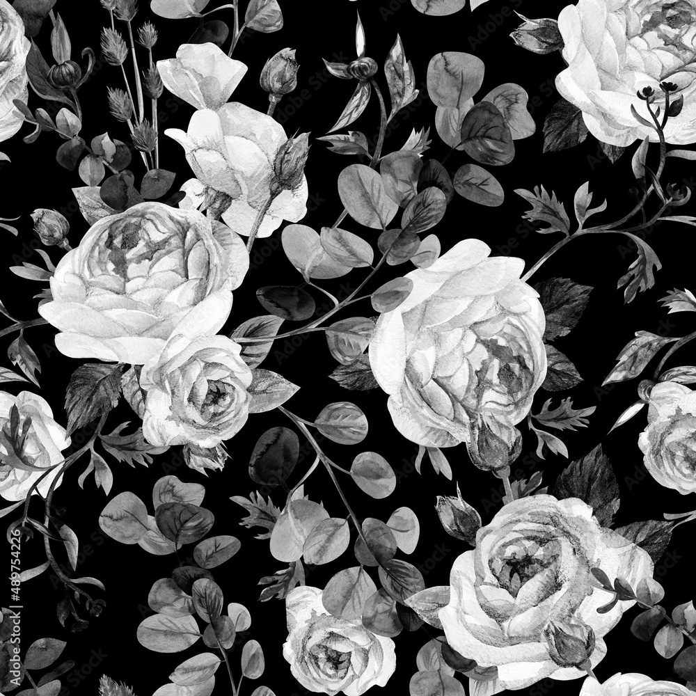 Fototapeta Vintage seamless pattern with delicate roses and branches on a black background for textiles and retro designs