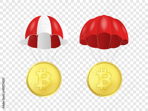 Vector 3d Realistic Bitcoin with Parachute Isolated. Rising Price of Bitcoin, Web banner of Blockchain Technology, Bitcoin, Altcoins, Cryptocurrency Mining, Finance, Digital Money Market