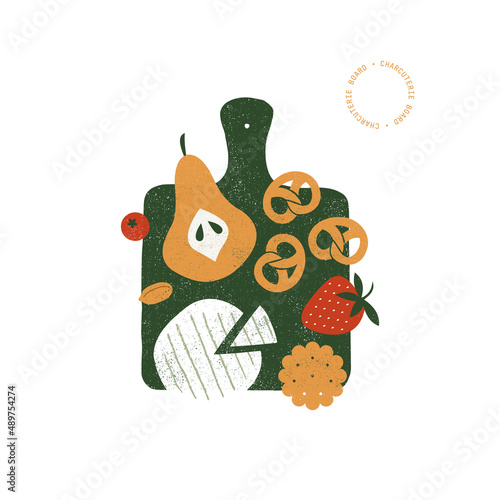 Charcuterie board illustration. Appetizers board with various food. Catering composition. 