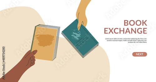 Book exchange landing page template or bookcrossing vector illustration banner. Education and knowledge concept, diverse hands holding volume. Swap literature event, library day, culture festival