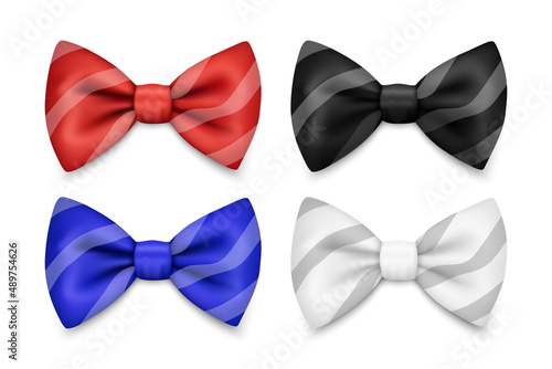 Fototapeta Vector 3d Realistic Striped Red, Blue, White, Black Bow Tie Icon Set Closeup Isolated