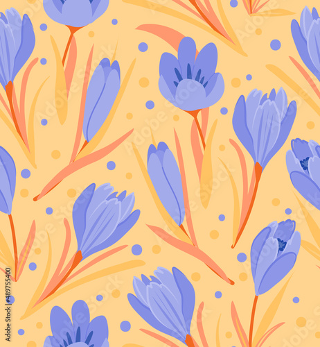 Violet crocus seamless pattern on yellow background. Spring flowers vector illustration for packaging  wallpaper  cover  poster  template  and more