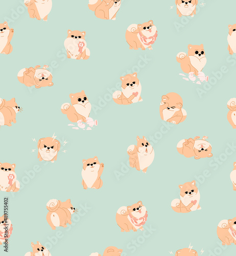 Spitz dog seamless pattern. Cute funny dogs in different poses on pastel green background. Vector flat illustration for packaging, wallpaper, cover, poster, template, and more