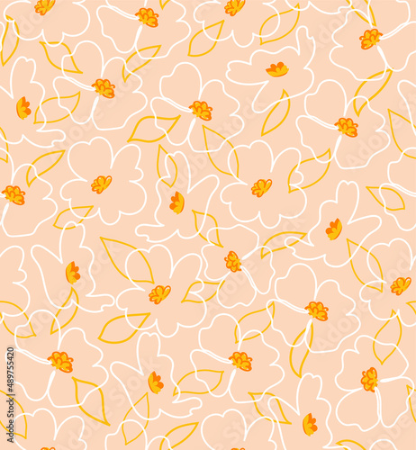 Spring Dogwood line flower vector seamless pattern. Cornus florida. Line art drawing. Beige background for packaging, wallpaper, cover, poster, template, and more