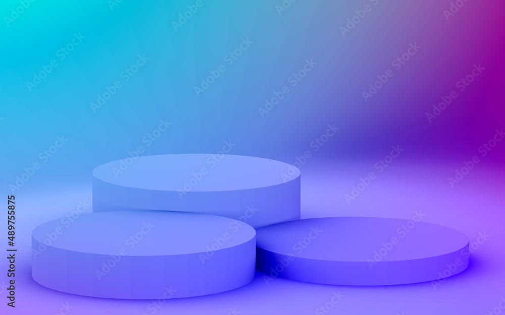 3d purple blue neon light cylinder podium minimal studio gradient dark colors background. Abstract 3d geometric shape object illustration render. Display for nightclub party and technology product.