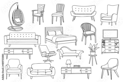 Doodle home furniture icons collection in vector. Hand drawn home furniture collection in vector. Set of doodle home furniture icons in vector photo