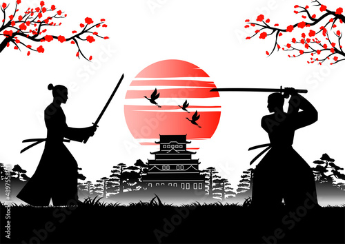 Japanese art with ancient design of samurai training sword near emperor castle,vector illustration