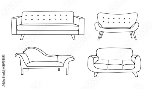 Doodle sofa icons collection in vector. Sofa hand drawn icons set in vector. Illustration doodle sofa in vector