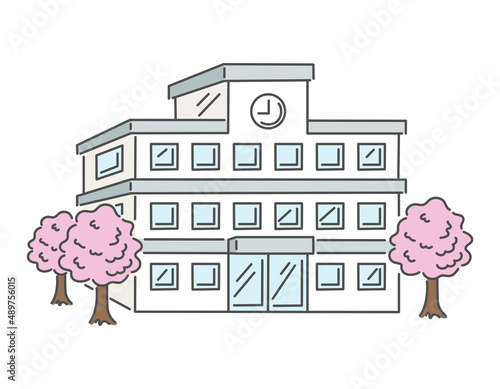 学校の校舎と桜の木々のイメージイラスト