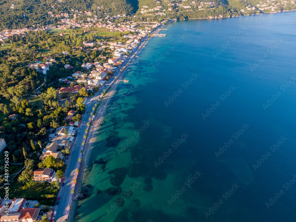Aerial view of Ipsos Beach in Corfu a Greek island in the Ionian sea