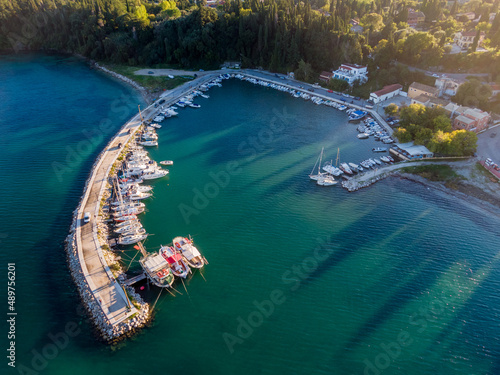 Aerial drone photo of ipsos harbour , island of Corfu, Ionian, Greece