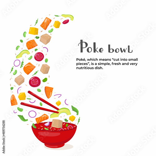 Flying poke bowl ingredients with hand written lettering and text. Healthy food concept. Vector stock illustration for banner, menu fast food restaurant, isolated on chalkboard background. 