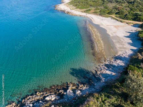 Aerial drone photo of Gialiskari Beach next to Agios Spiridon in corfu island Greece