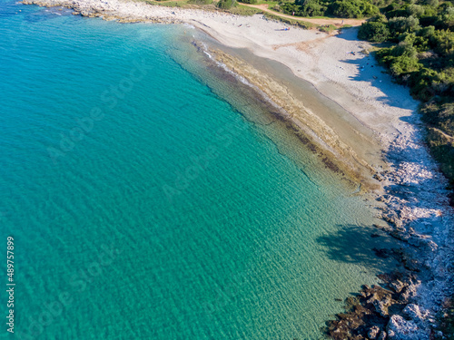 Aerial drone photo of Gialiskari Beach next to Agios Spiridon in corfu island Greece