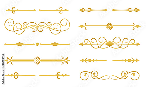 Divider border vintage gold flat set. Ornamental curl classic design element text frame wedding invitation banner postcard. Rich elegant divider pattern flourish decoration vector isolated on white
