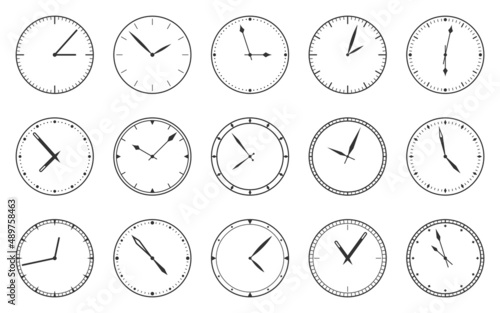 Dial clock face watch time circle black line set. Simple modern wall wrist clock classic bezel unnumbered minute second hand template management office deadline time measurement mockup isolated white
