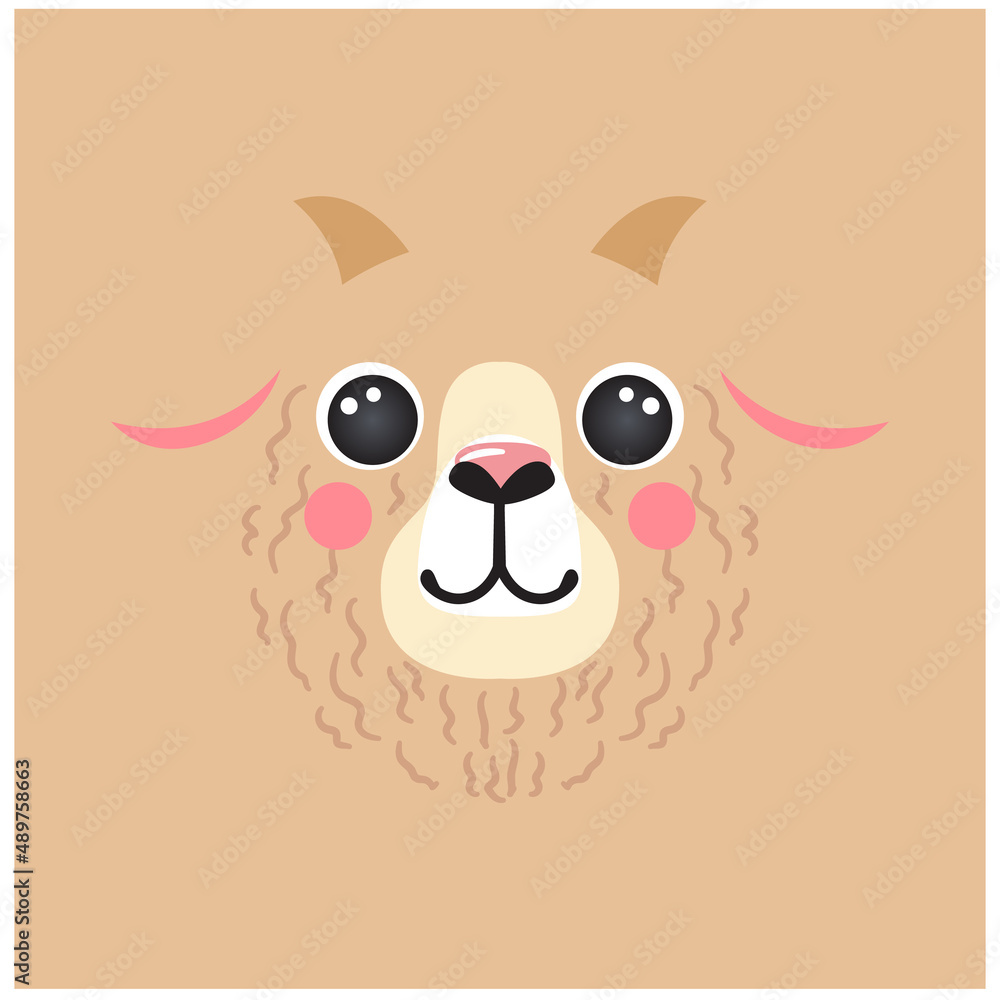 Fototapeta premium Cute goat portrait square smile head cartoon round shape animal face, isolated avatar character vector icon illustration. Flat simple hand drawn for kids poster, app ui cards, t-shirts, baby clothes