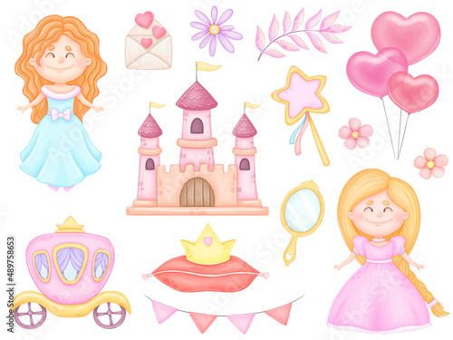 Set with princesses, castle, girly kids clip art