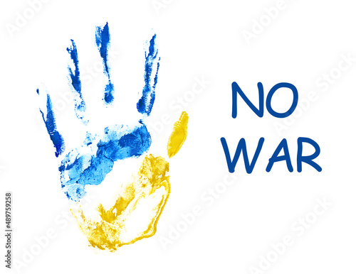 Fotografie, Obraz handprint in blue and yellow colors on a white background
