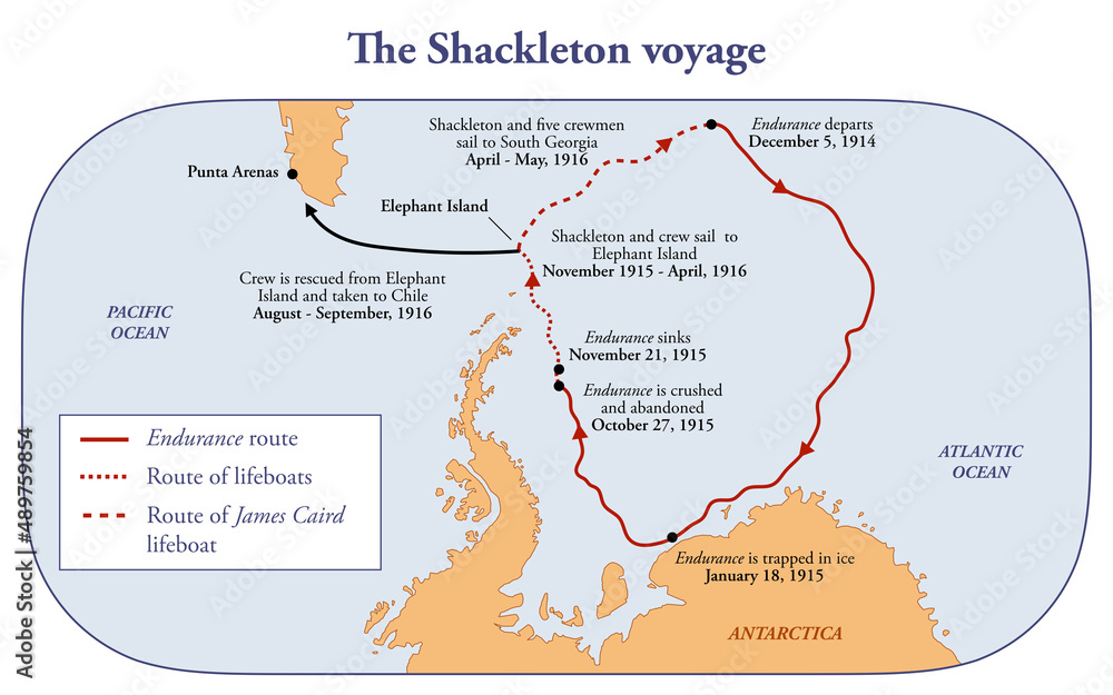 Map of the Shackleton expedition in Antarctica onboard of the Endurance Map of the Shackleton expedition in Antarctica onboard of the Endurance