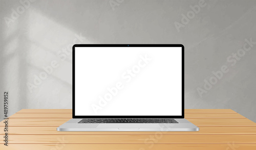Laptop mockup, laptop with blank screen mockup on table